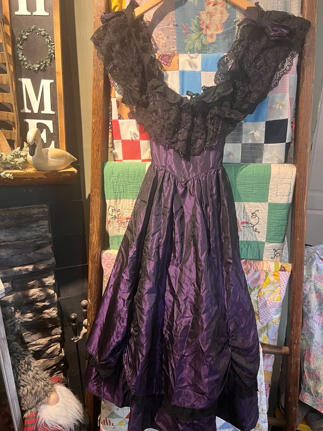 Gunne Sax Vintage Dress Size 5 Purple Black Taffeta Lace Goth 2