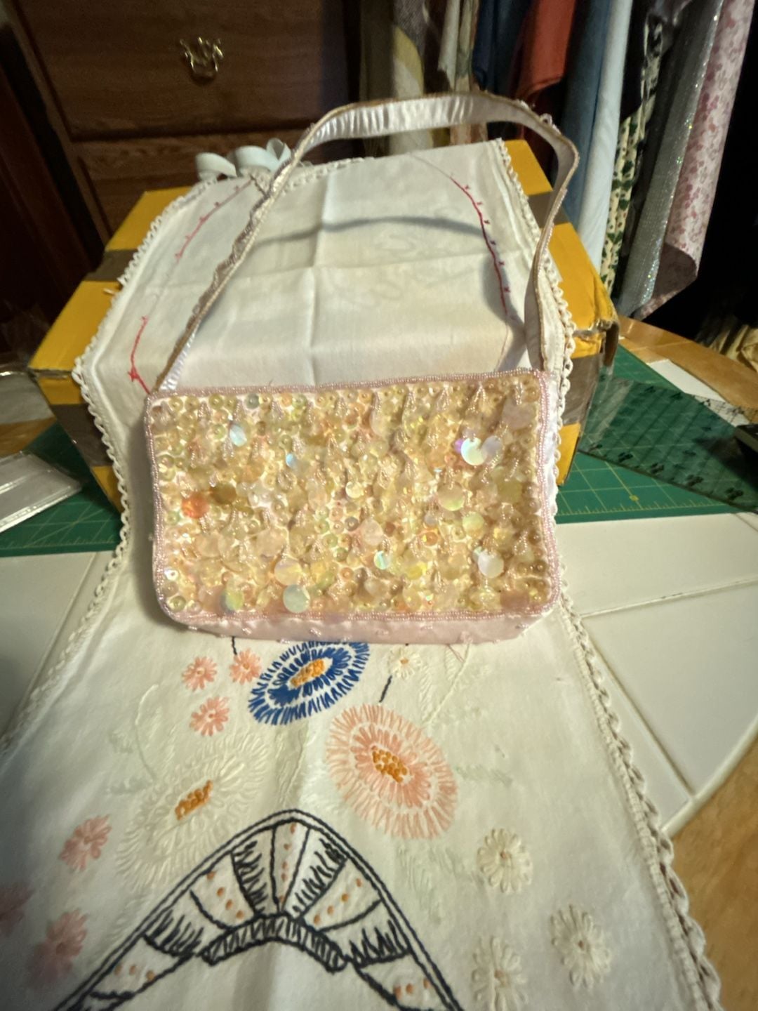 Beaded and Sequined Shoulder Bag Pink Satin 2