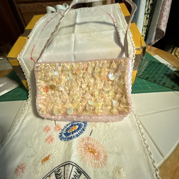 Beaded and Sequined Shoulder Bag Pink Satin