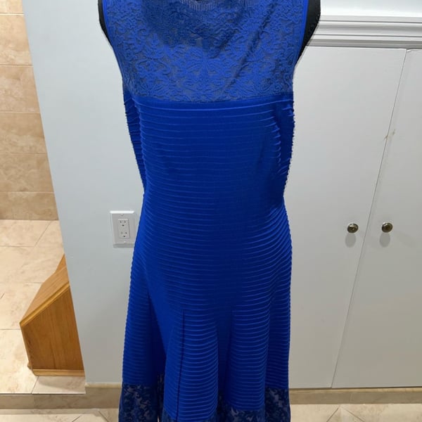 Tadashi Shoji Dress Size M Blue Lace Midi Cocktail Sleeveless