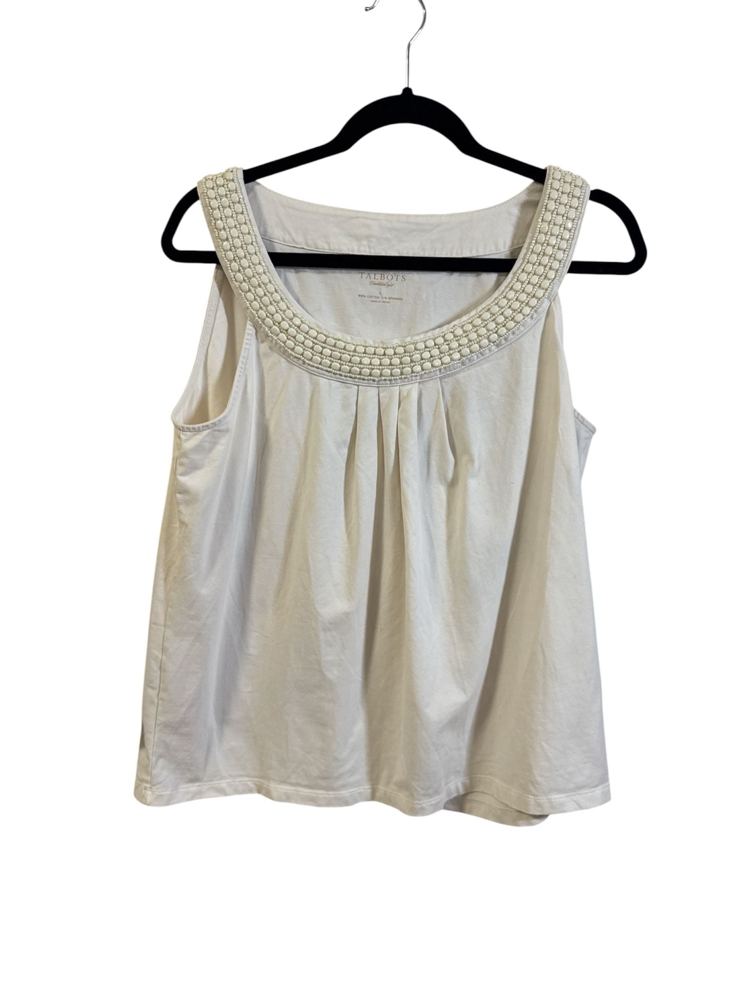 Talbots Beaded Neckline Tank Top Size L White Pleated Cotton Spandex 2