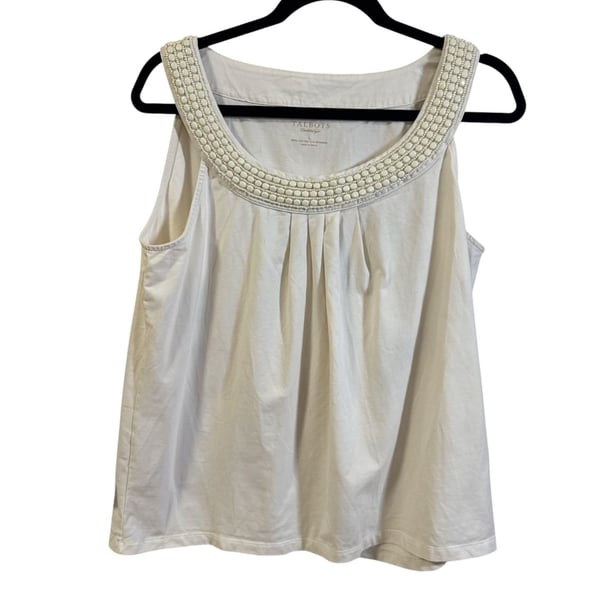 Talbots Beaded Neckline Tank Top Size L White Pleated Cotton Spandex