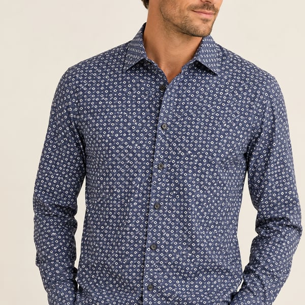 Perry Ellis Men’s Small S Blue Geometric Print Button Down Shirt Long Sleeve