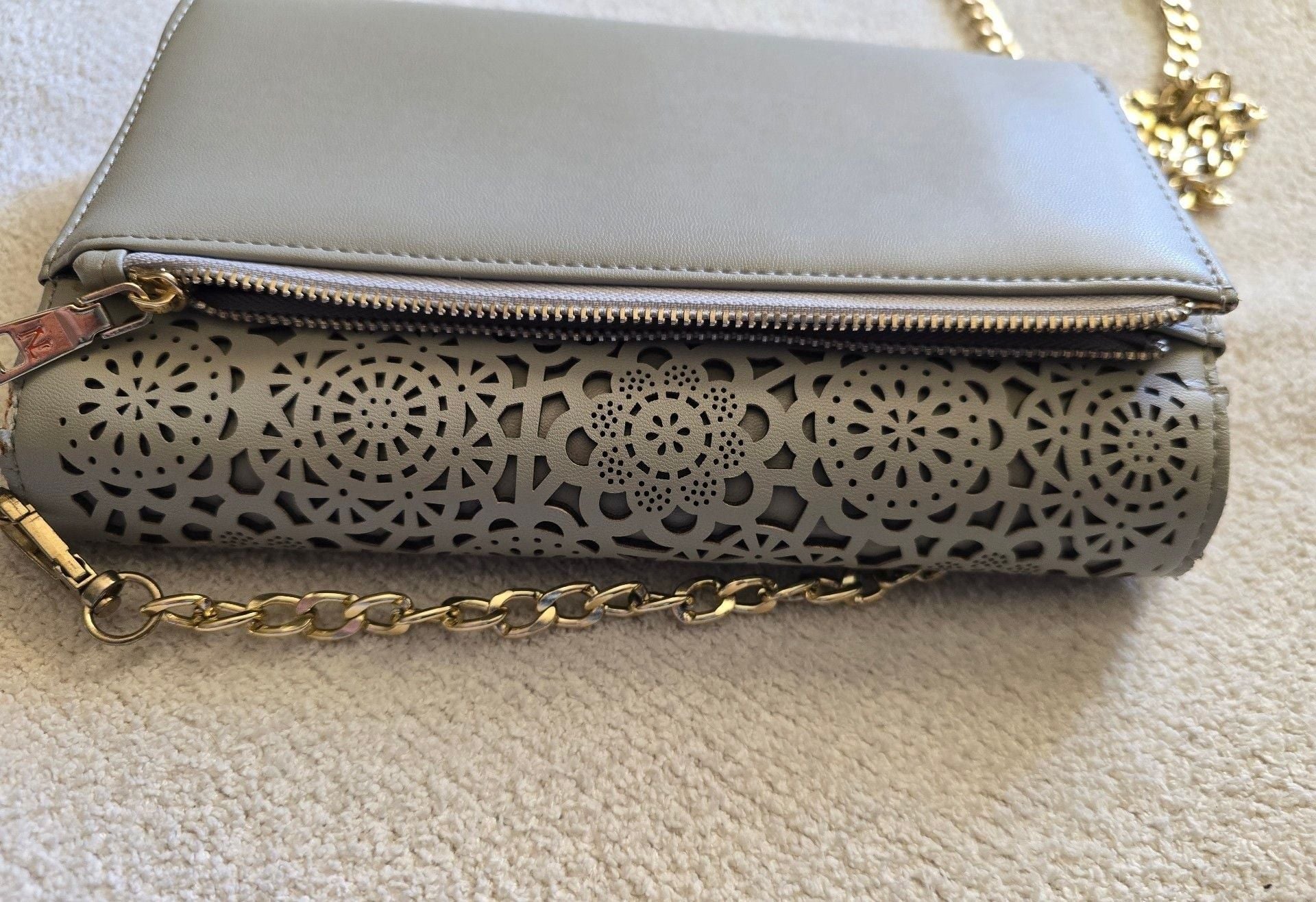 Nicole Lee Crossbody Wallet Gray Perforated Floral Design 9
