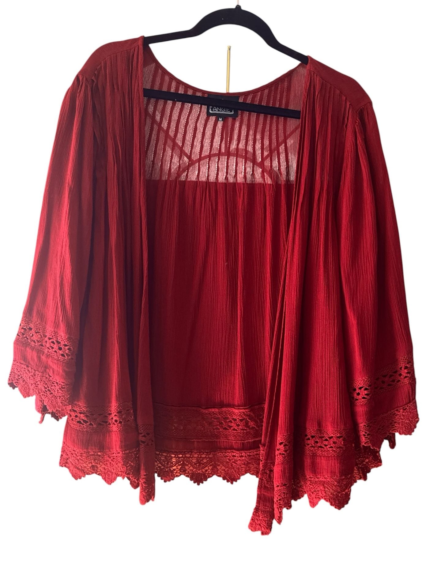 Angie Open Cardigan Size M Red Viscose Crochet Lace Trim Boho Shrug 1