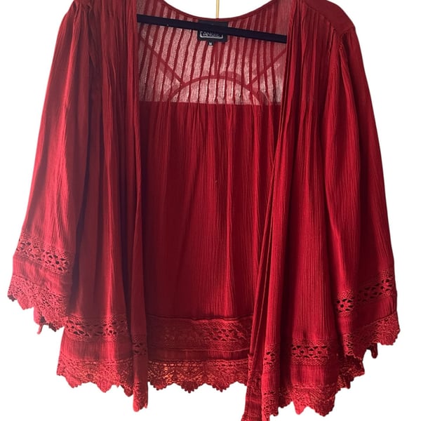 Angie Open Cardigan Size M Red Viscose Crochet Lace Trim Boho Shrug