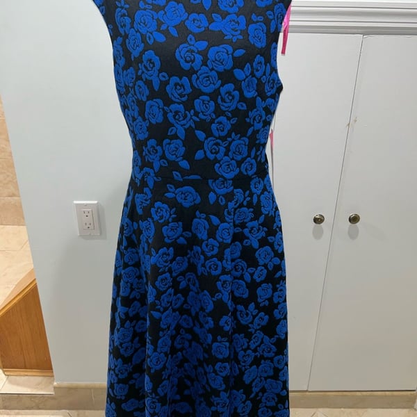 Betsey Johnson Fit and Flare Dress Size 10 Blue Black Rose Floral Jacquard