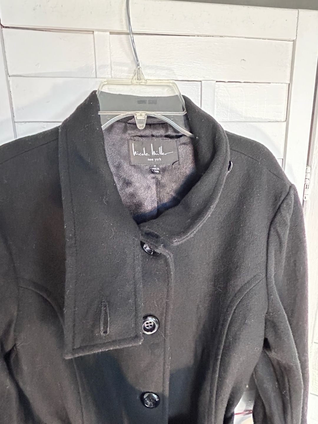 Nicole Miller Wool Blend Coat Size M Black Belted Funnel Neck 5
