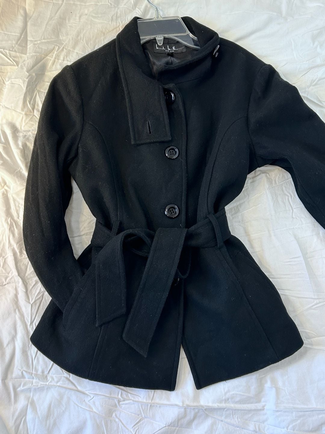 Nicole Miller Wool Blend Coat Size M Black Belted Funnel Neck 10
