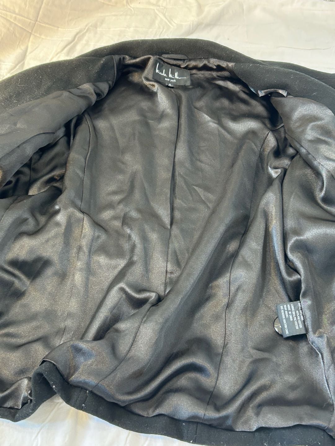 Nicole Miller Wool Blend Coat Size M Black Belted Funnel Neck 17
