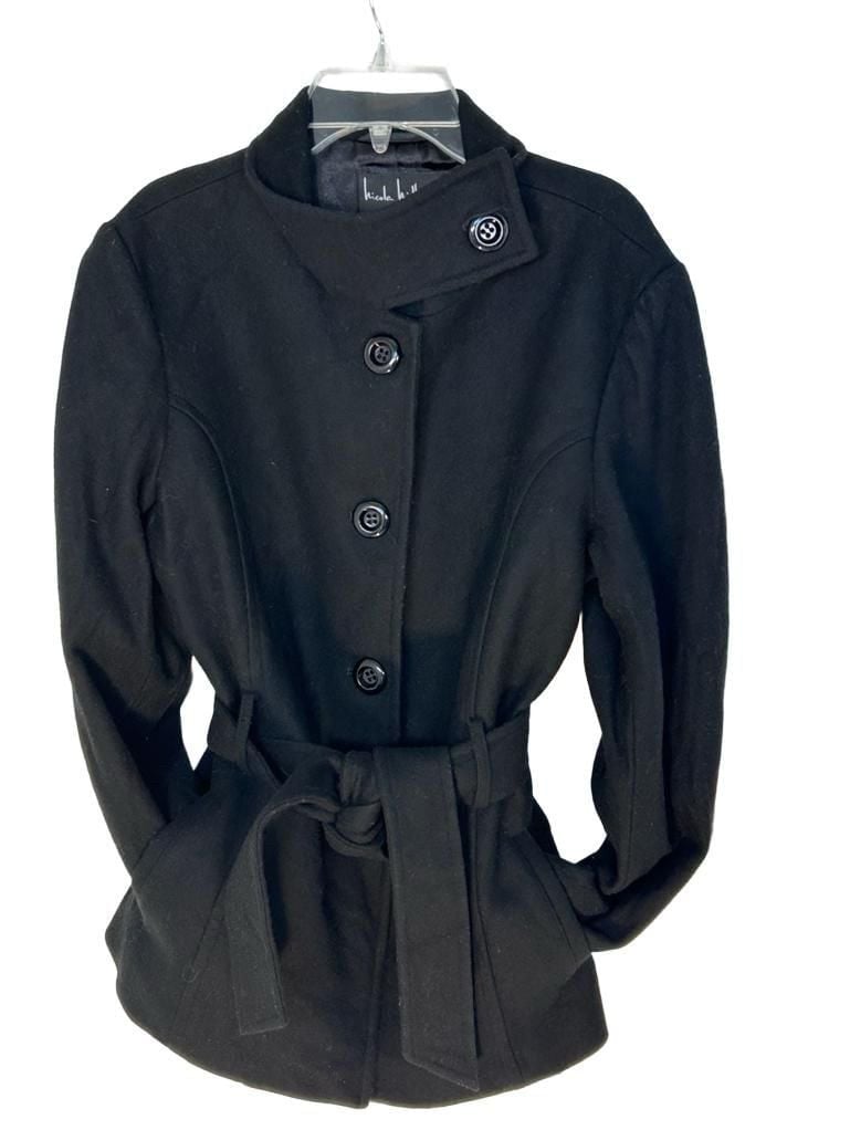 Nicole Miller Wool Blend Coat Size M Black Belted Funnel Neck 2