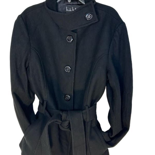 Nicole Miller Wool Blend Coat Size M Black Belted Funnel Neck