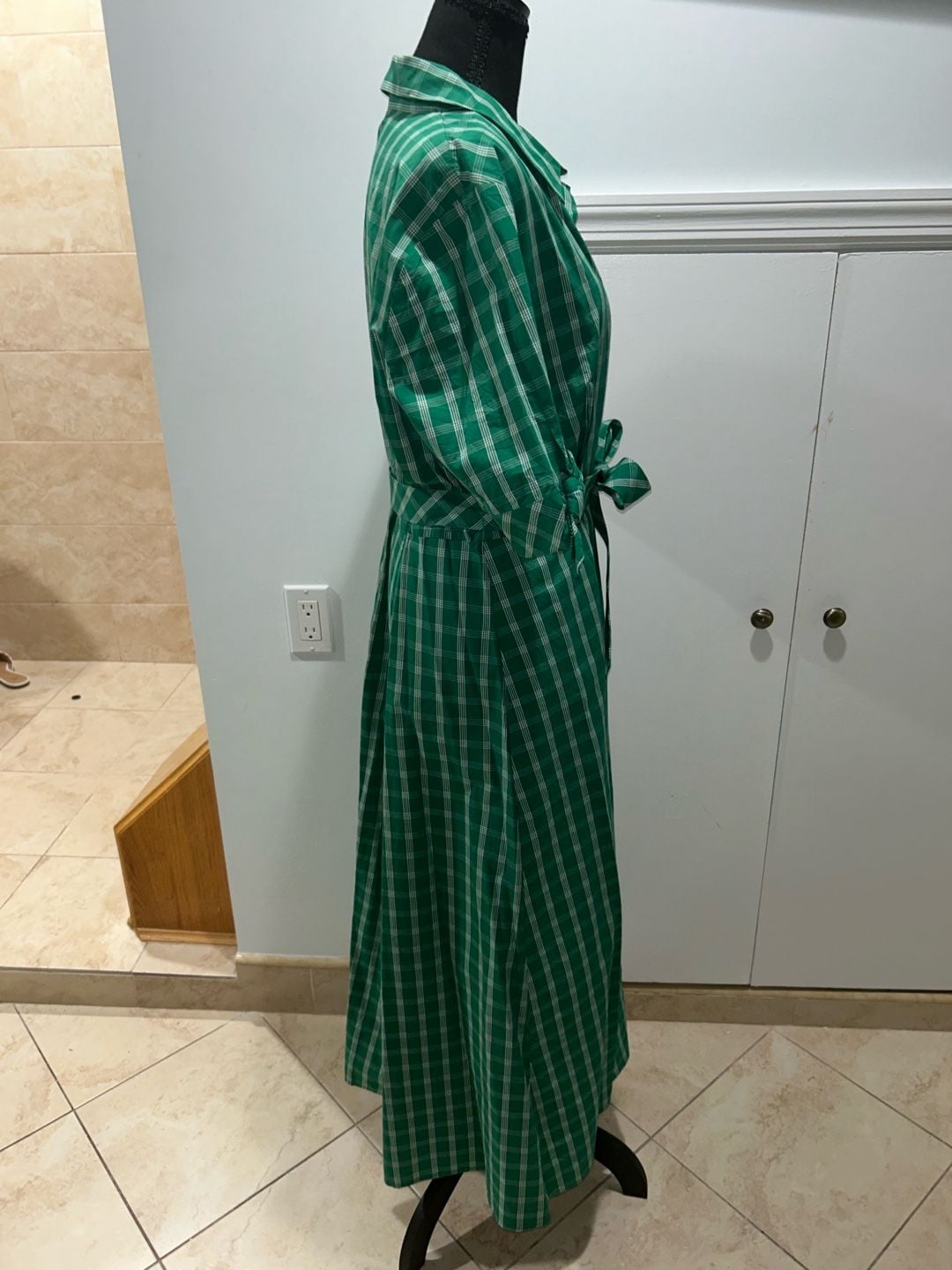 Calvin Klein Plaid Shirt Dress Size 14 Green White Midi Belted 3