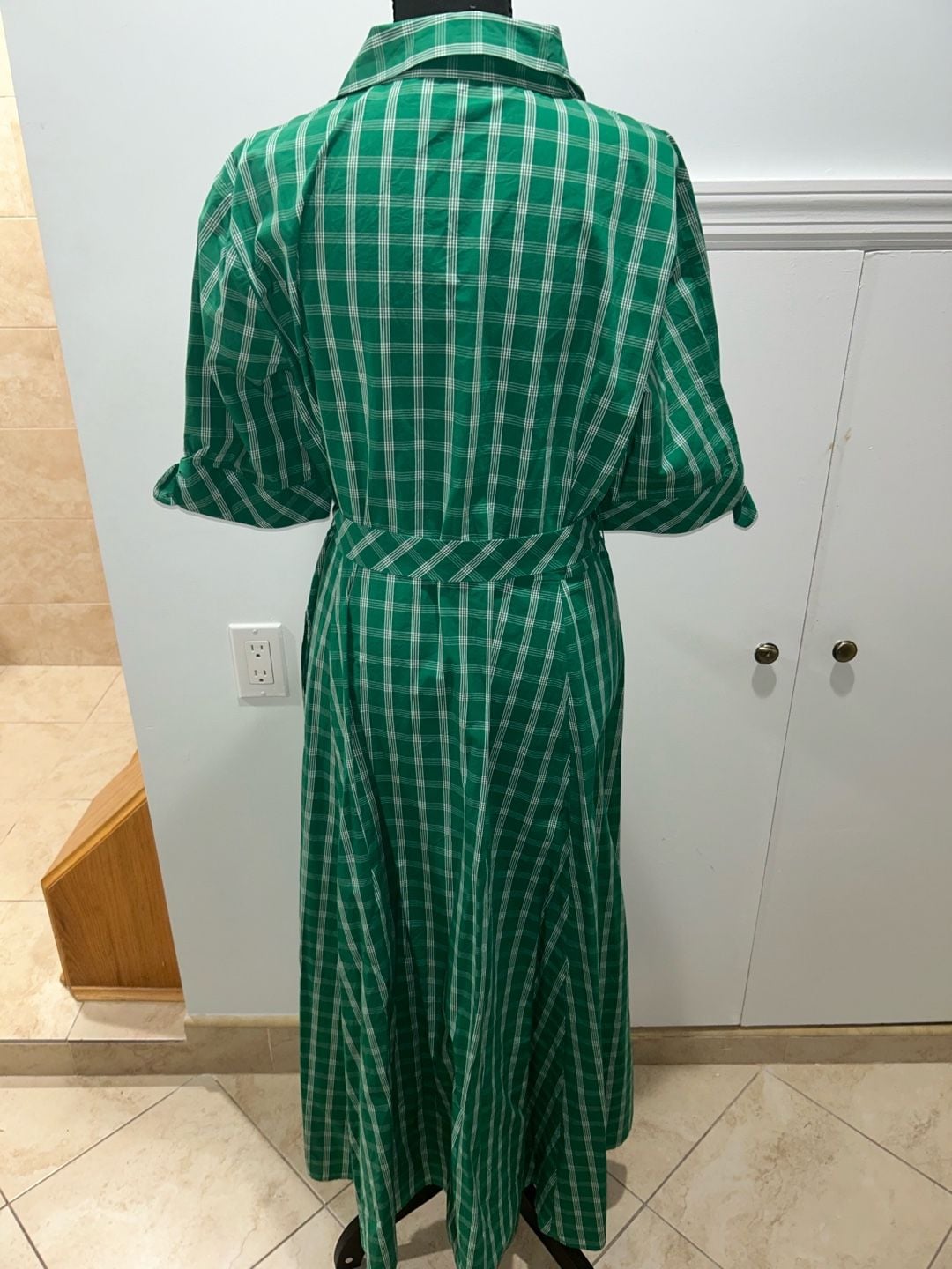Calvin Klein Plaid Shirt Dress Size 14 Green White Midi Belted 4