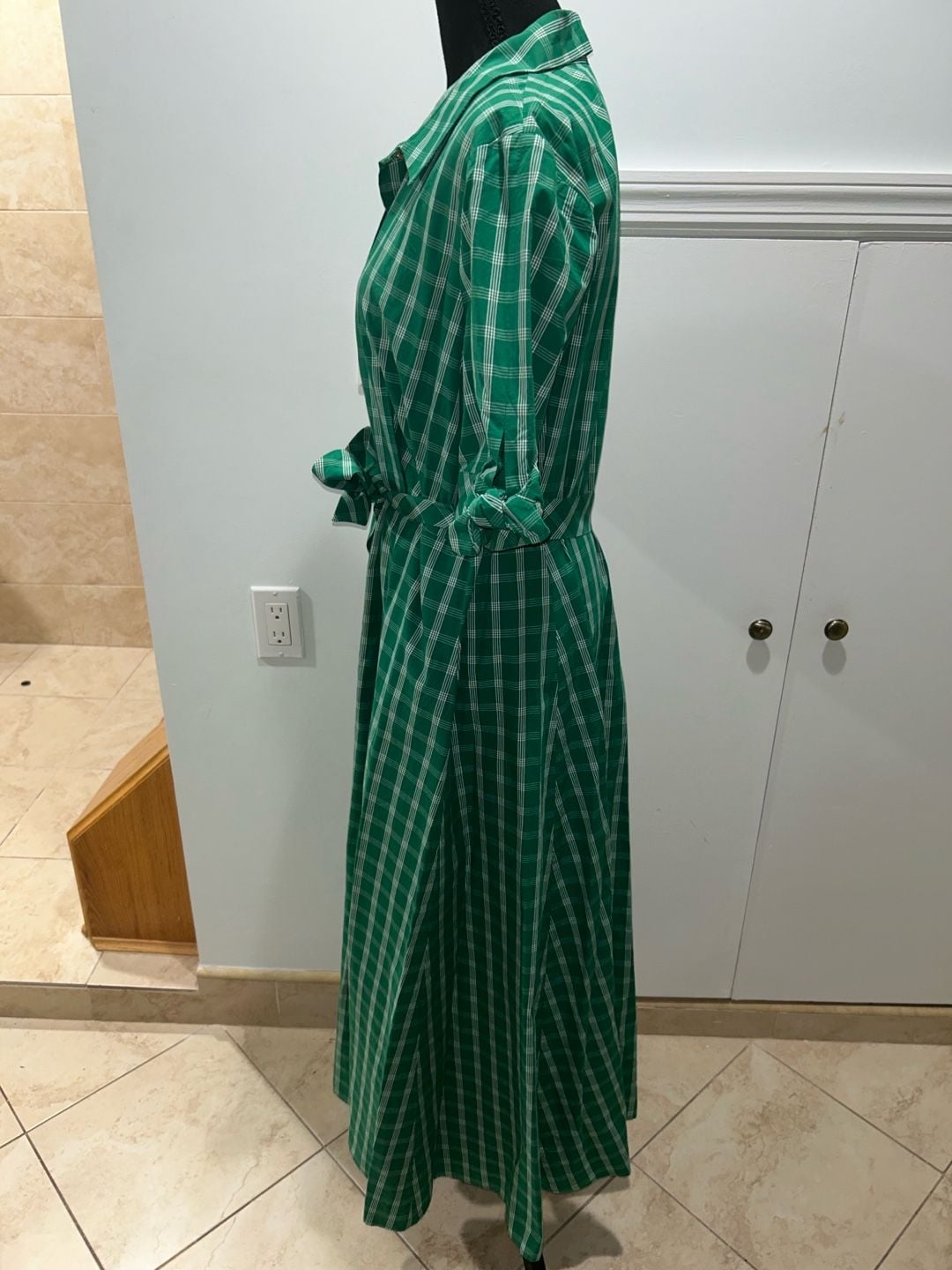 Calvin Klein Plaid Shirt Dress Size 14 Green White Midi Belted 5