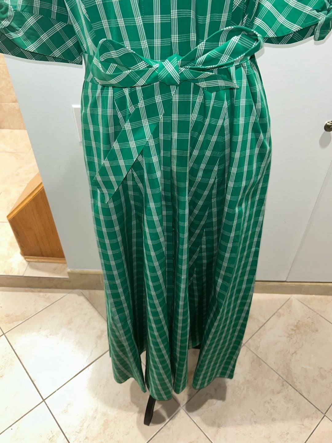 Calvin Klein Plaid Shirt Dress Size 14 Green White Midi Belted 6