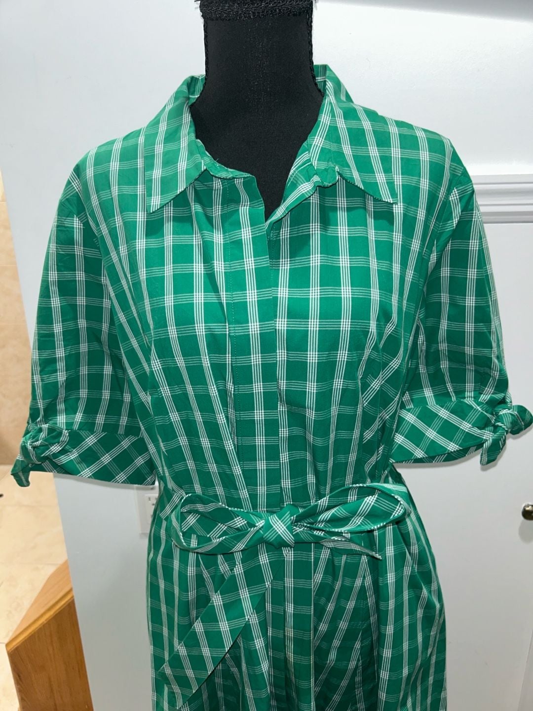 Calvin Klein Plaid Shirt Dress Size 14 Green White Midi Belted 7