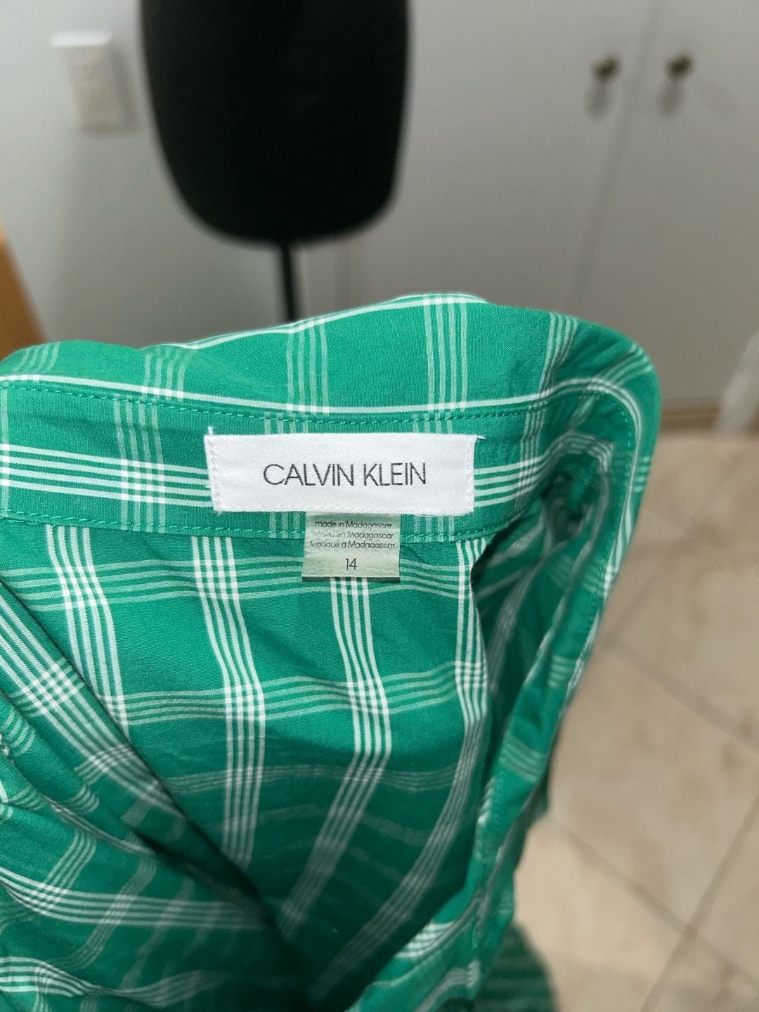 Calvin Klein Plaid Shirt Dress Size 14 Green White Midi Belted 8