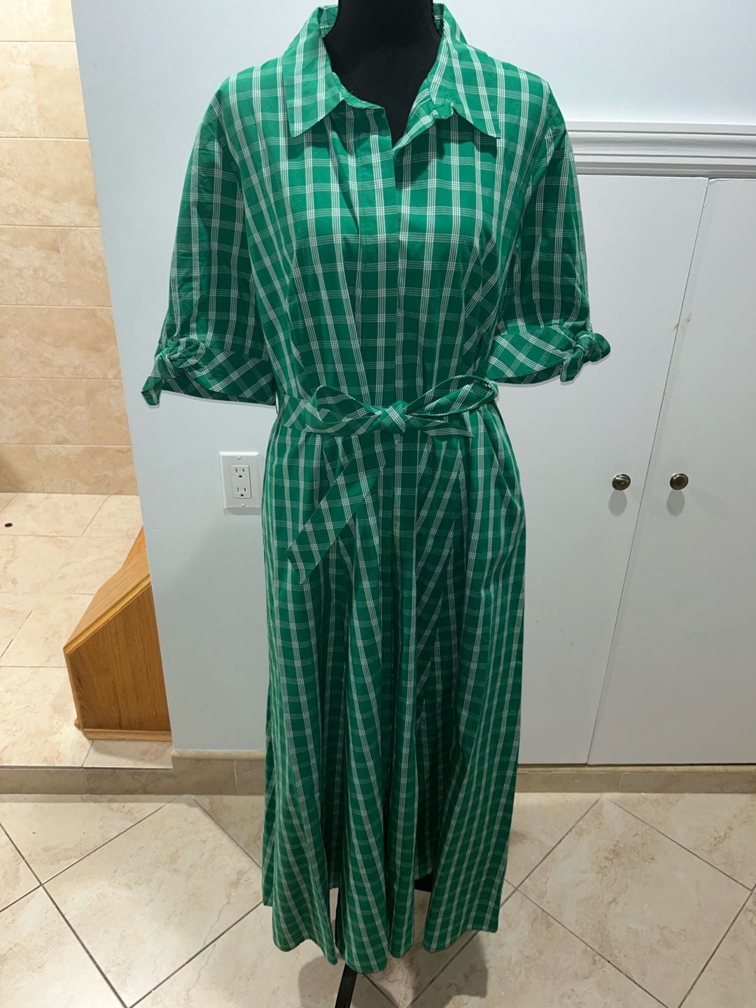 Calvin Klein Plaid Shirt Dress Size 14 Green White Midi Belted 2