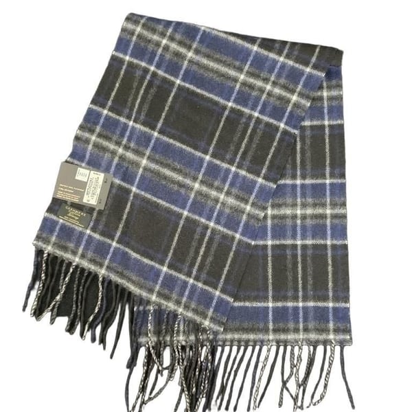 100% Cashmere Scarf Blue Black White Plaid Fringe Winter Muffler