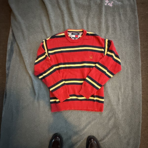 Tommy Hilfiger Striped Crest Logo Knit Sweater Size M Red Blue Yellow