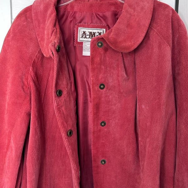 AMX Suede Jacket Size M Pink Leather Snap Button Peter Pan Collar