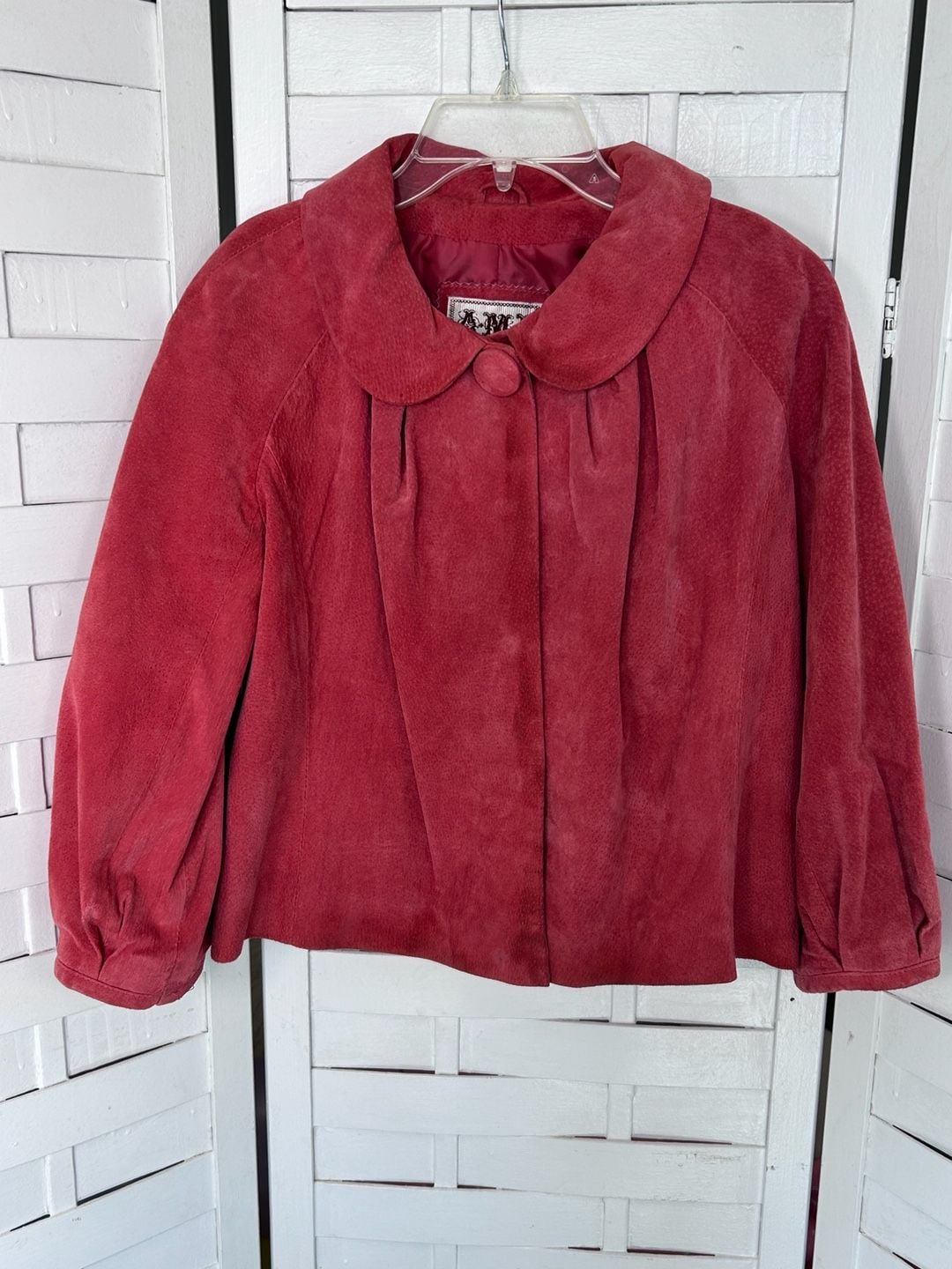 AMX Suede Jacket Size M Pink Leather Snap Button Peter Pan Collar 3