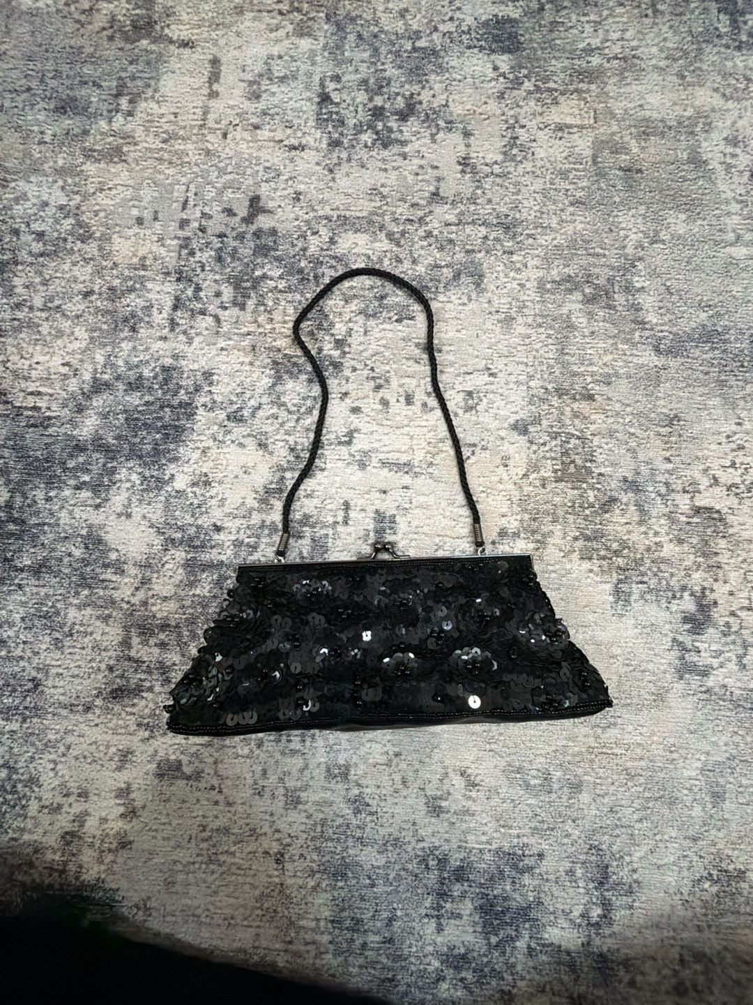 Vintage Black Sequin Kiss Clasp Evening Bag Handbag 2
