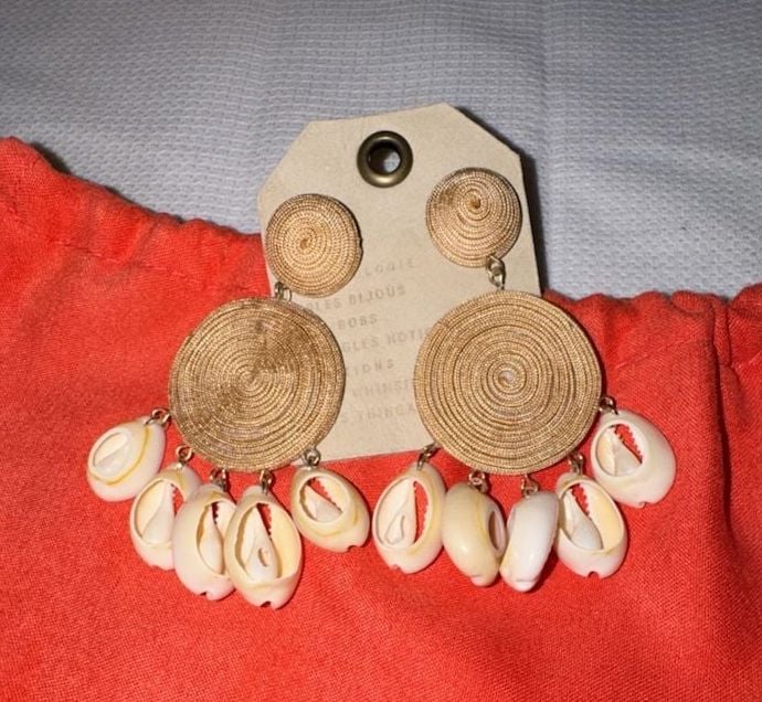 Anthropologie Raffia Shell Dangle Earrings Neutral New With Tags 2