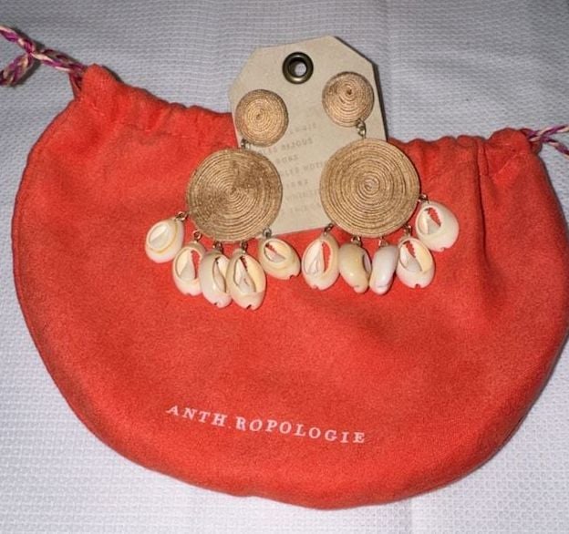 Anthropologie Raffia Shell Dangle Earrings Neutral New With Tags 3