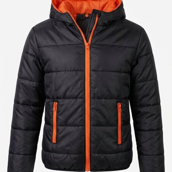 AOHUAFENG Puffer KidsJacket Size L Black Orange Hooded Quilted Coat