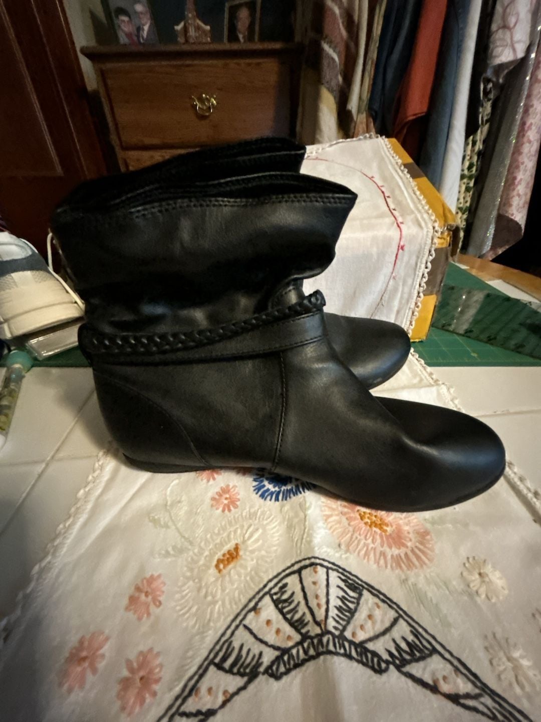 American Eagle Slouch Boots Size 8M Black Faux Leather Braided Strap 3