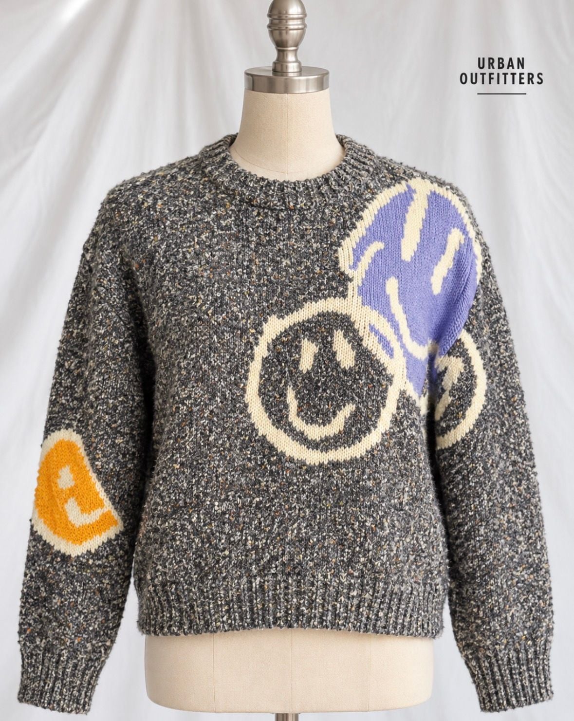 Urban Outfitters Smiley Face Intarsia Knit Sweater S Gray Oversized Wool Blend 2