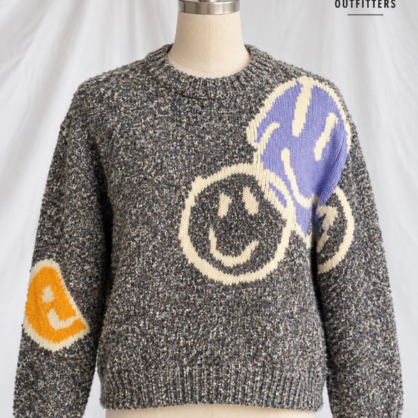 Urban Outfitters Smiley Face Intarsia Knit Sweater S Gray Oversized Wool Blend