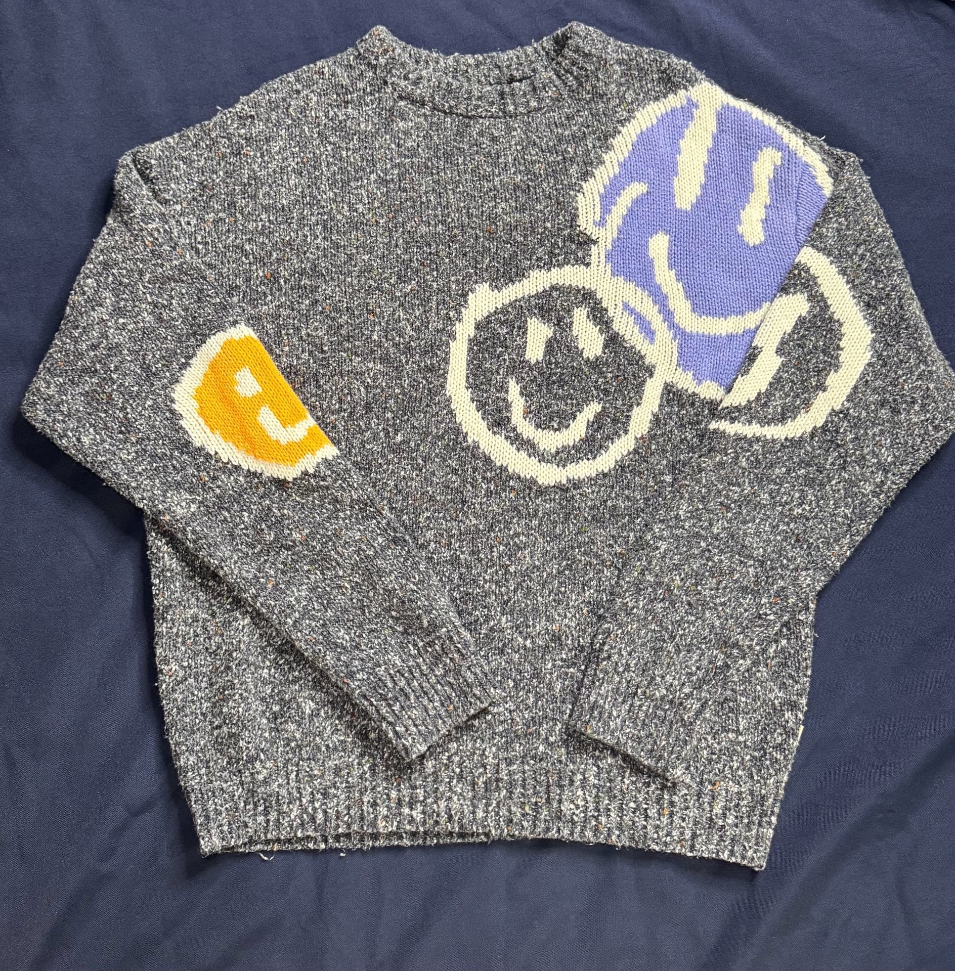 Urban Outfitters Smiley Face Intarsia Knit Sweater S Gray Oversized Wool Blend 3