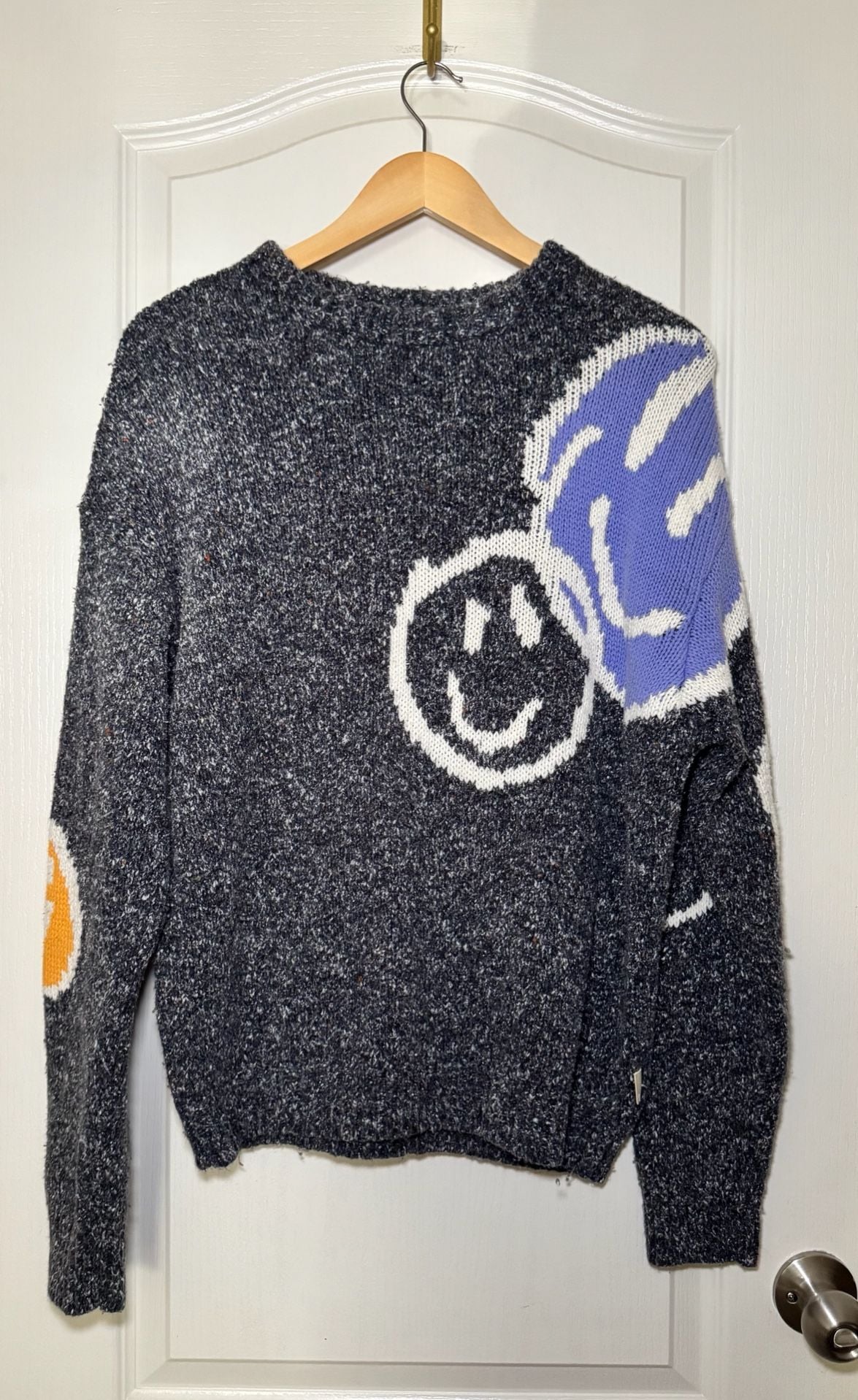 Urban Outfitters Smiley Face Intarsia Knit Sweater S Gray Oversized Wool Blend 10