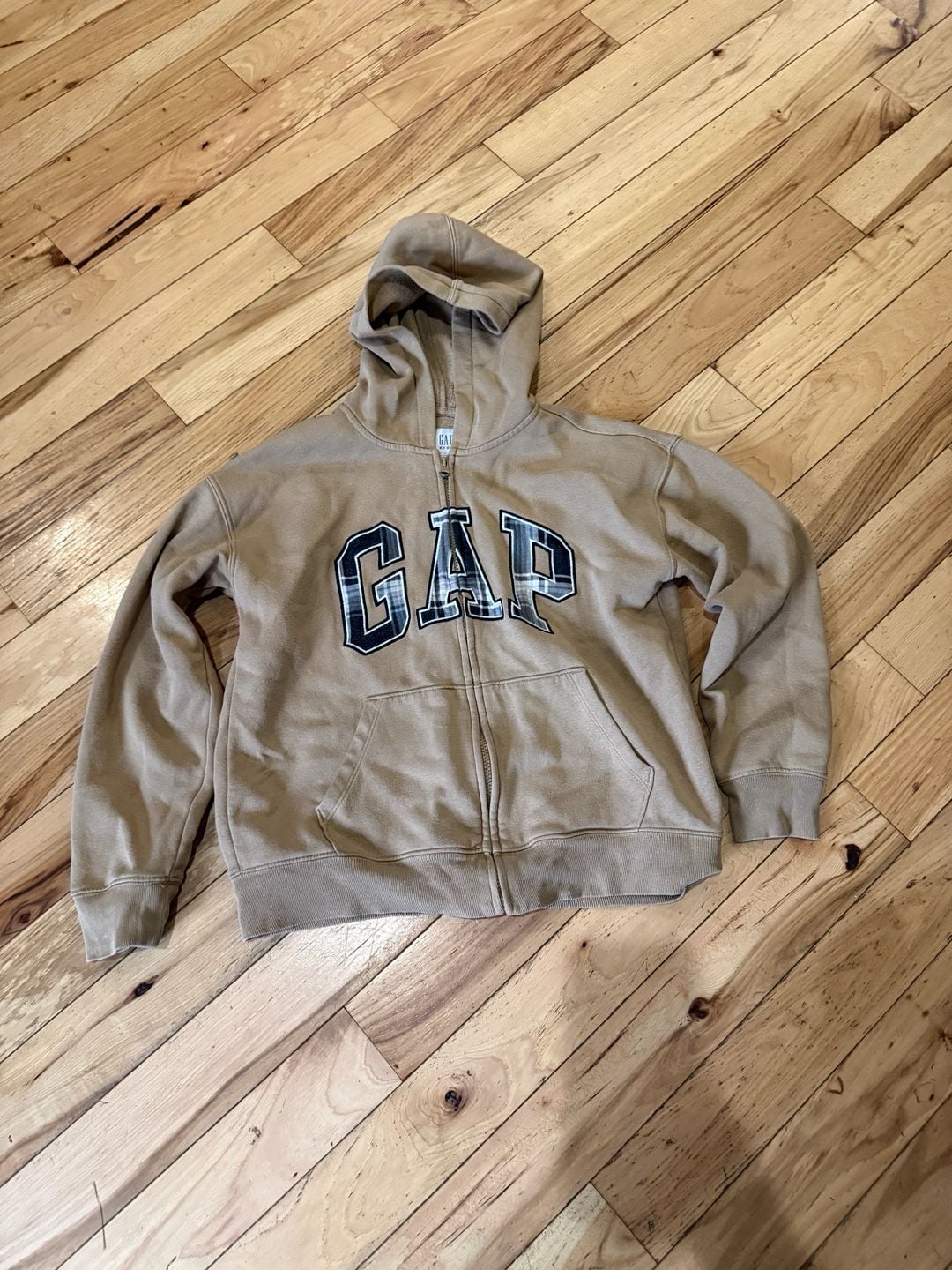 Gap Kids Logo Zip Hoodie Size XL Brown Plaid Arch Logo 2