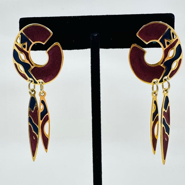 Vintage Edgar Berebi Gold Tone Enamel Half Moon Dangle Earrings