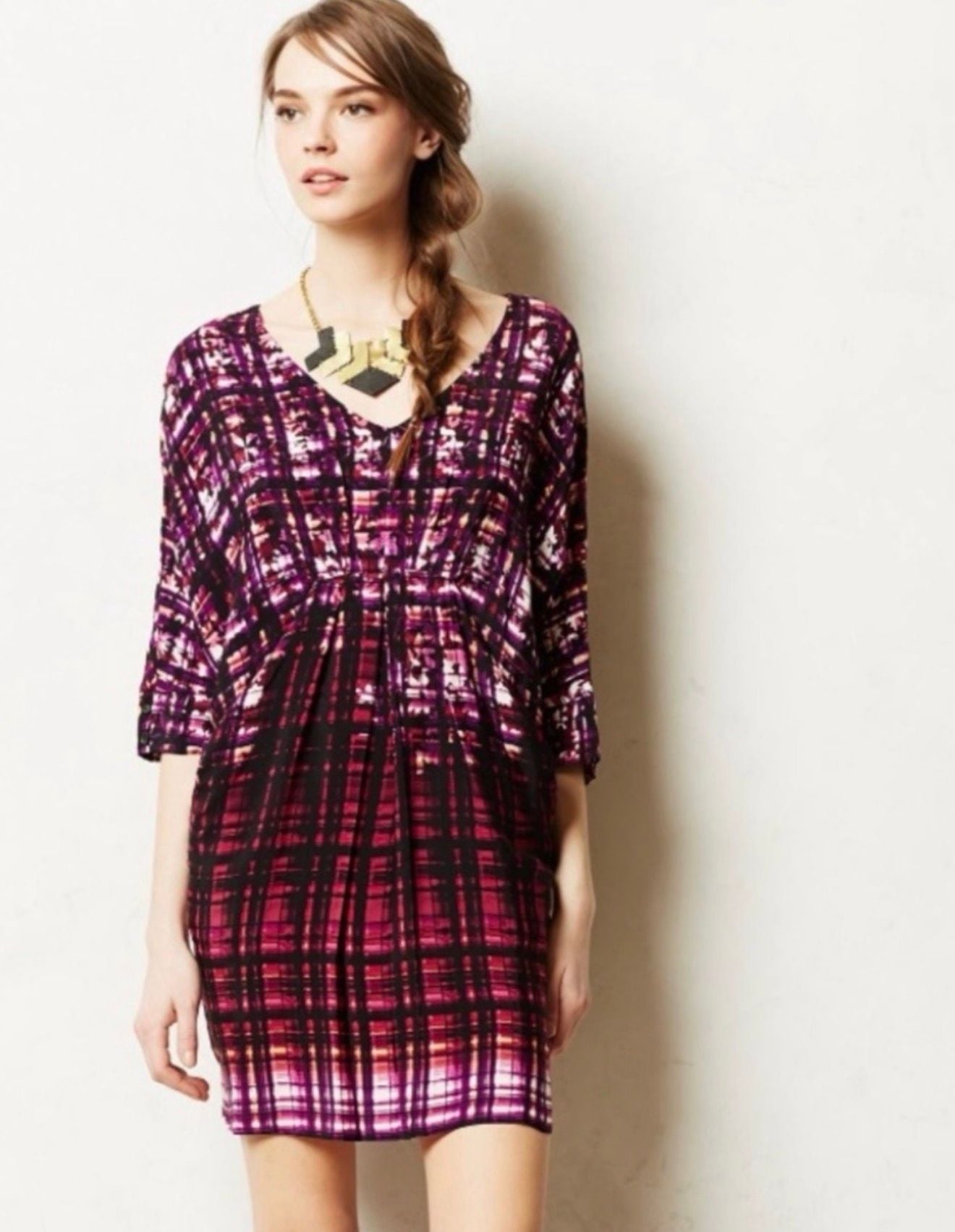 Maeve Cocoon Dress Size Small Purple Plaid Draped Dolman Sleeve 2