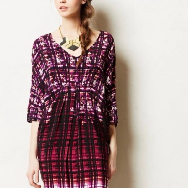 Maeve Cocoon Dress Size Small Purple Plaid Draped Dolman Sleeve