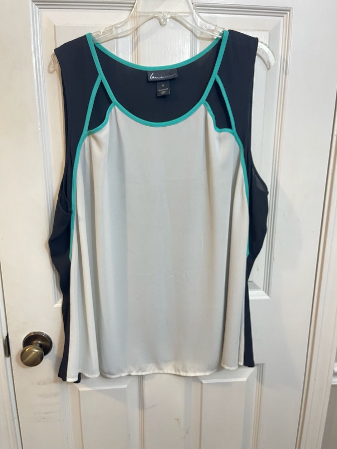 Lane Bryant Tank Top Size 26 Black White Teal Colorblock Cutout Sheer 2