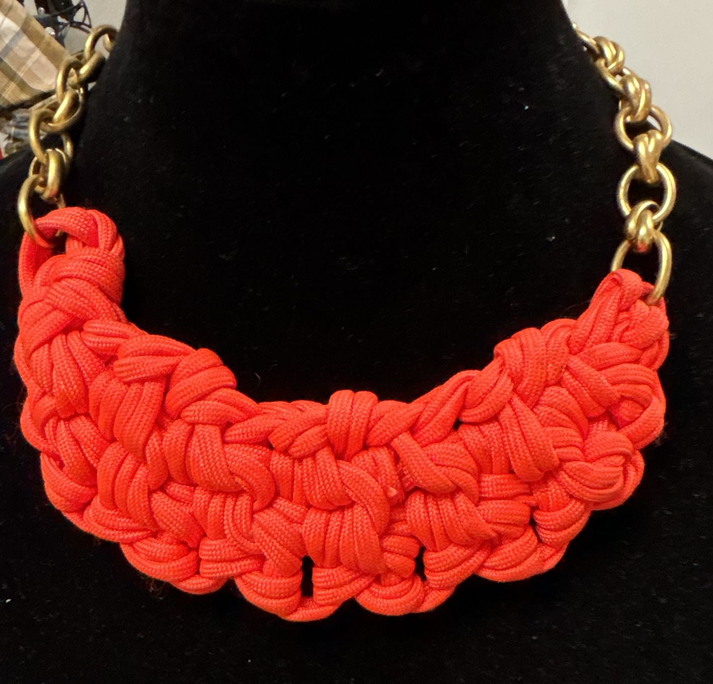 J.Crew Neon Orange Woven Rope Chunky Statement Necklace Gold Chain 2