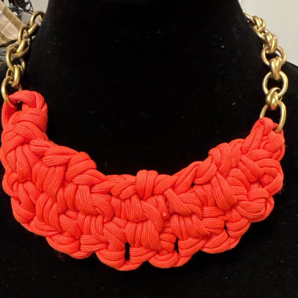 J.Crew Neon Orange Woven Rope Chunky Statement Necklace Gold Chain