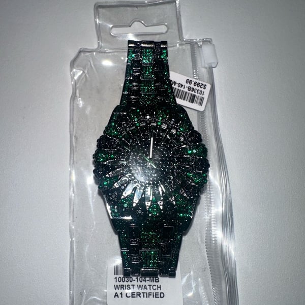 Green and black iced out wrist watch