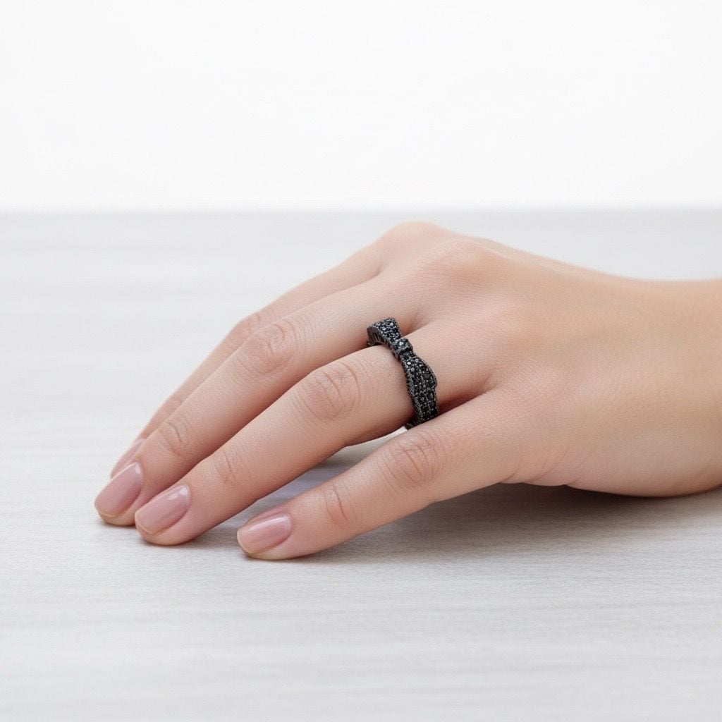 925 Sterling Silver Black CZ Bow Ring Size 7 Ribbon Band 2