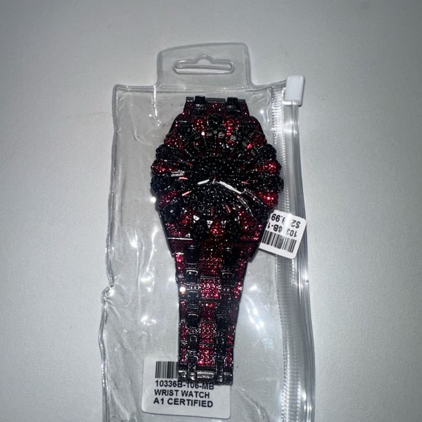 Red and black rhinestone iced out wrist watch
