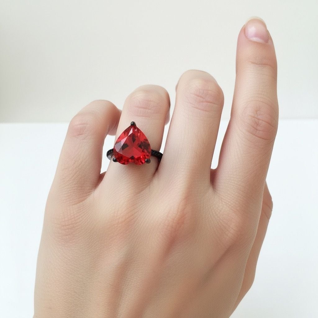 Heart Cut Red Crystal Black Ring Size 8 2