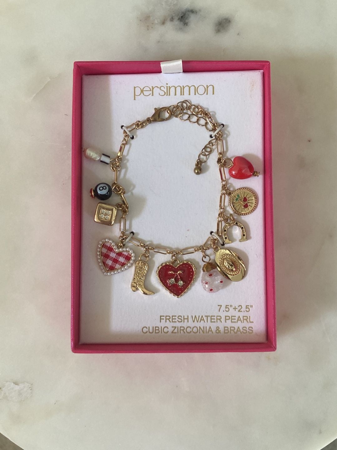 Persimmon Charm Bracelet Size 7.5"+2.5" Fresh Water Pearl Cubic Zirconia 2
