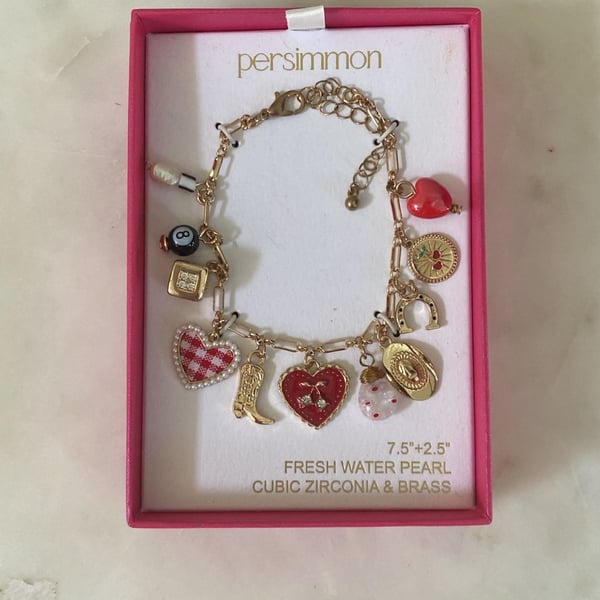 Persimmon Charm Bracelet Size 7.5"+2.5" Fresh Water Pearl Cubic Zirconia