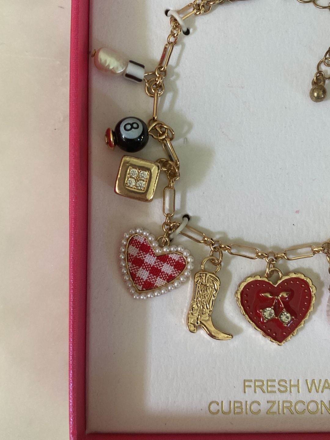 Persimmon Charm Bracelet Size 7.5"+2.5" Fresh Water Pearl Cubic Zirconia 3